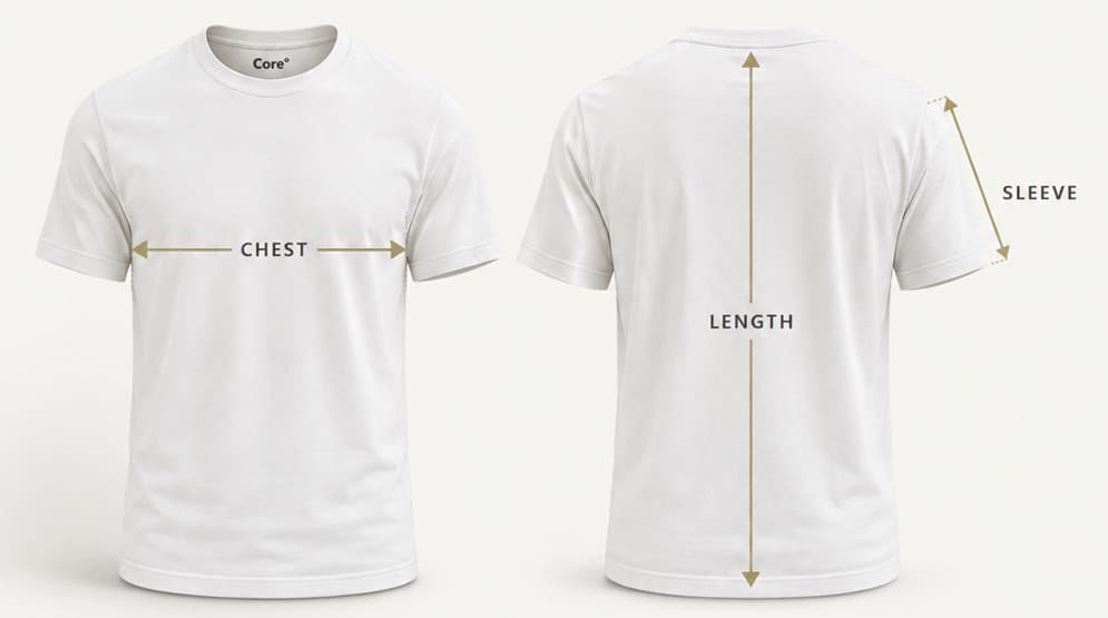 Diagram of the Core° tee showing where to measure chest, length and sleeve